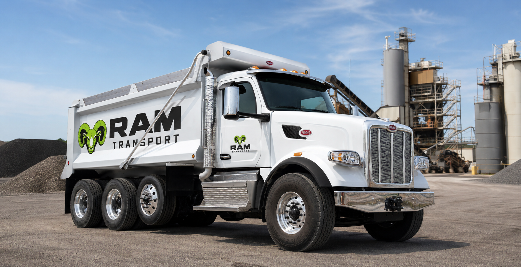 RAM Transport dump truck at material plant — general contracting
